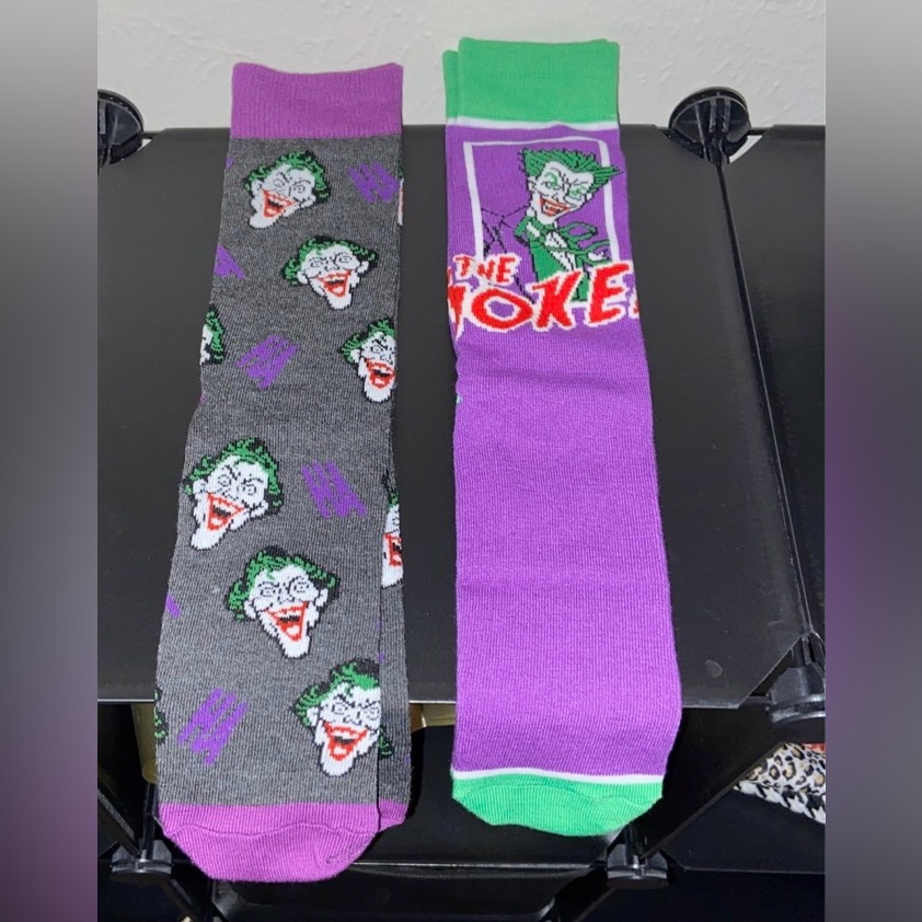Joker Themed Gray And Purple Socks